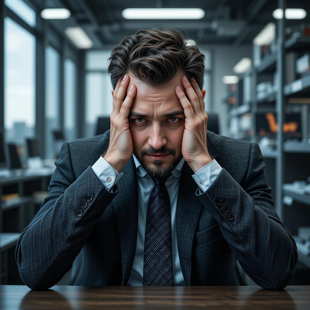 homem nervoso, esgotado no ambiente de trabalho, saude no trabalho, previnacomsaude.com