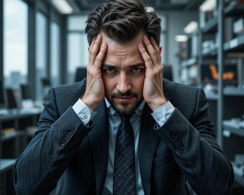 homem nervoso, esgotado no ambiente de trabalho, saude no trabalho, previnacomsaude.com