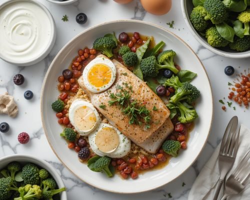 prato de comida saudavel com peixe, ovo, iorgurte, brocolis, saúde, previnacomsaude.com